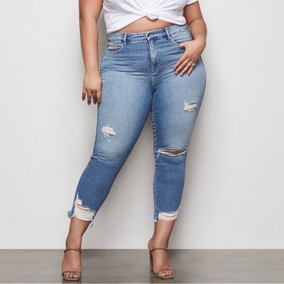 NWT Good American Good Curve High Rise Skinny Crop Distressed Jeans in Blue411 - Picture 3 of 10